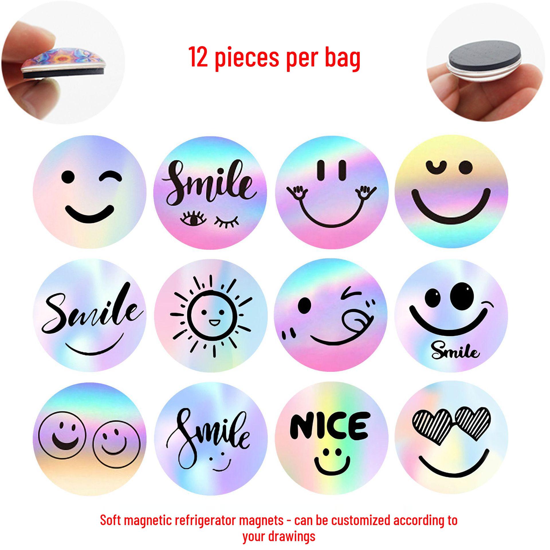 Iridescent Gradient Smiley Face Crystal Glass Magnets 25 mm Refrigerator Magnets Set of 12 (FDL202)