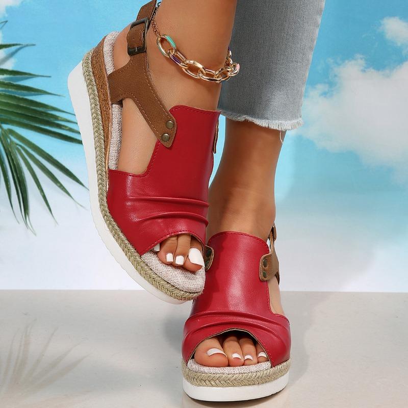 Summer new fish mouth wedge heel sandals large size pleated belt buckle thick sole hemp rope sole women's sandals