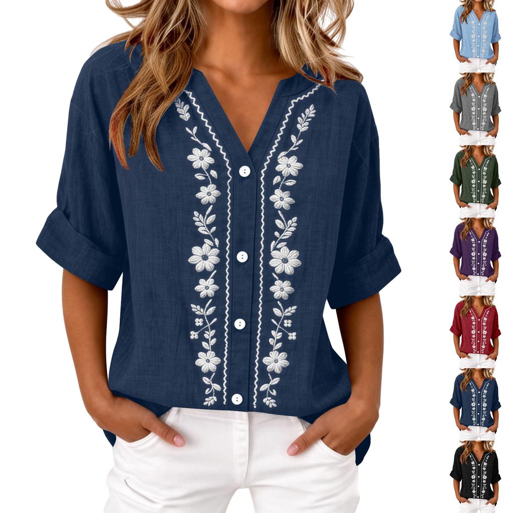 Women's Long Sleeve Button Down Blouse - Color Round Neck with Embroidery, Casual and Daily Wear Top for Women