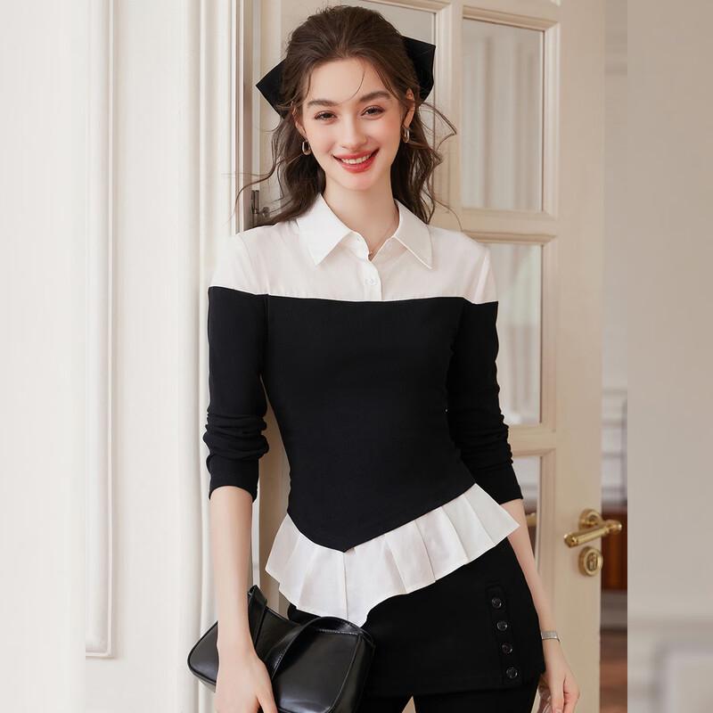 Women s Patchwork Pullover Long-Sleeve Slim-Fit Shirt XL