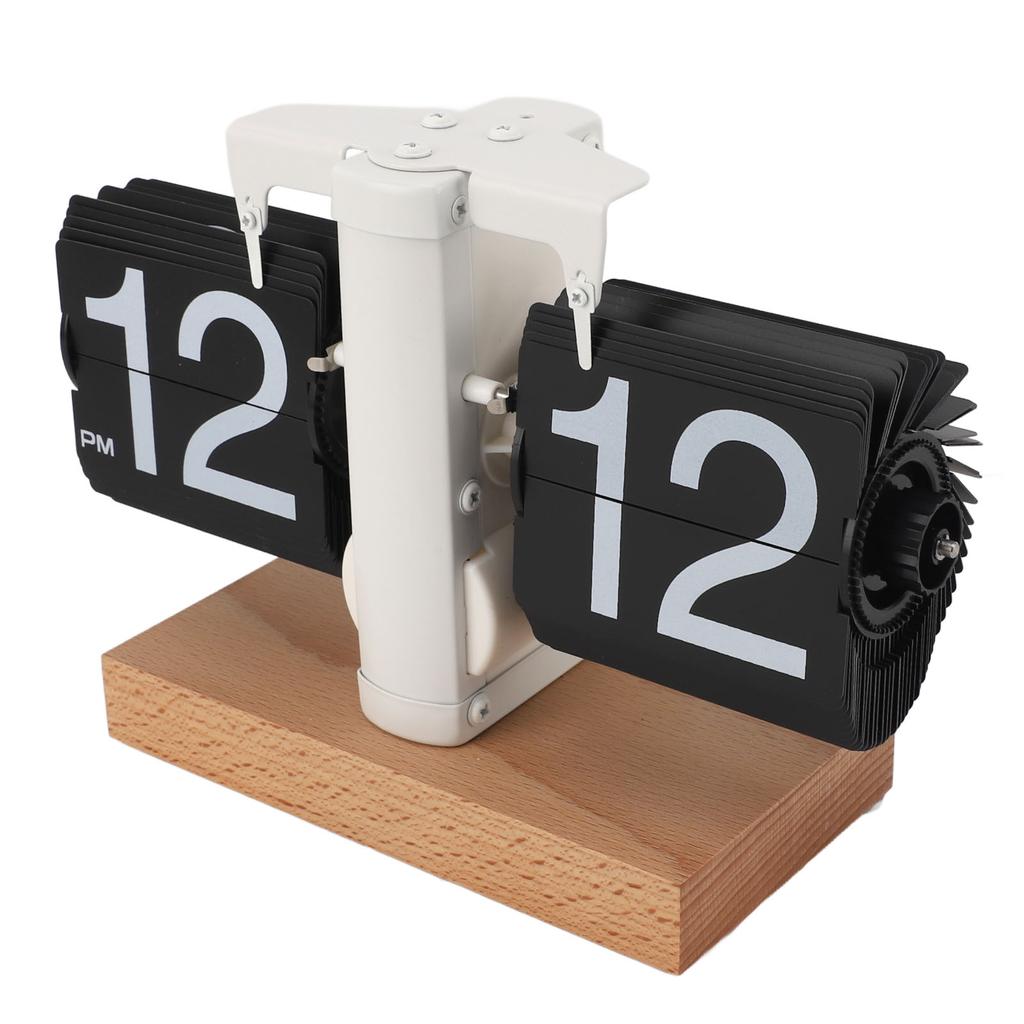 Flip Desk Clock Auto Mechanical Flip 12H AM PM Wood Base Battery Powered Vintage Retro Digital