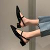 Fashion Patent Leather Mary Jeans Woman Thick Low Heels Sandals Slingback Rear-Strap Shoes Ladies Dress Office Pumps Belt Buckle Loafer