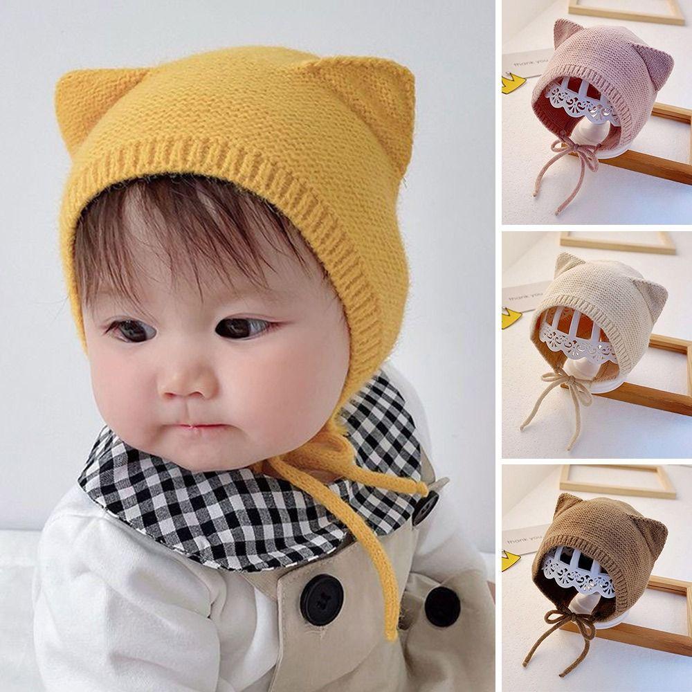 1-4 Years Old Windproof Solid Color Baby Knitted Hat Plush Cute Kids Warm Cap Ears Animation Beanie Hats Baby Kids Kids