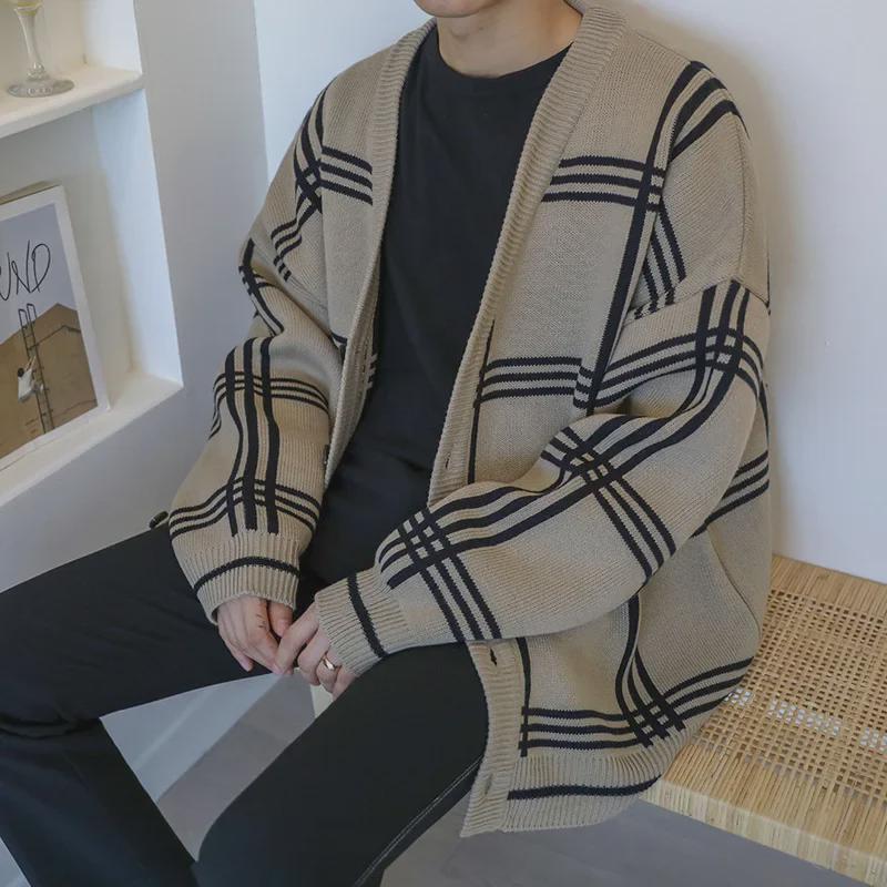 Men's Trendy Korean Plaid Cardigan Sweater Jacket - Spring/Autumn Style