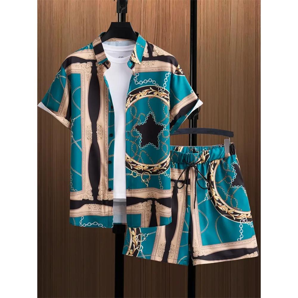 2024 New Men's Beach Wear 2-Piece Quick Drying Hawaiian Shirt and Shorts Set Summer Men's Fashion Striped Print Casual Wear