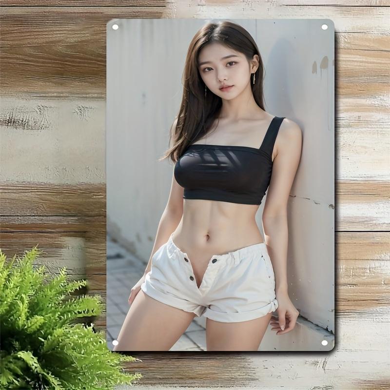 Korean Beauty Metal Sign Female Portrait Art Poster for Home Cafe Bar Decor Durable Iron Wall Hanging with Easy Install Ho