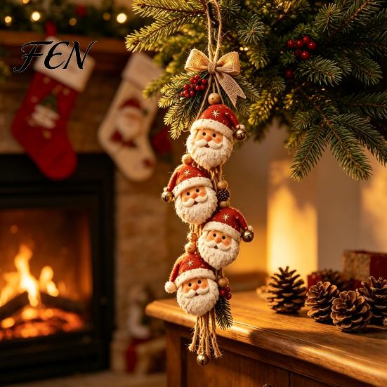 Festive Holiday Hanging Ornaments Wooden Santa Claus Ornament, 2D Flat Pattern Sign with Jute Christmas Tree Embellishments Bells Rope And Bell,