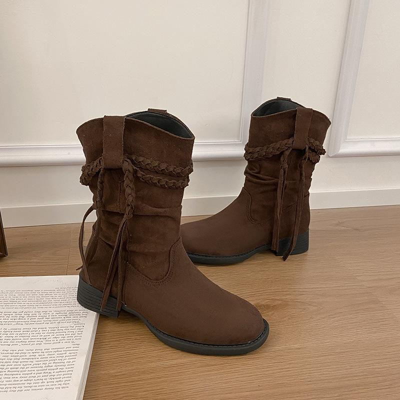 2025 Herbst Retro Ödland Fransen Ritterstiefel Dicke Ferse aber knielange Stiefel Schmaler Schaft Mittelhohe Stiefel