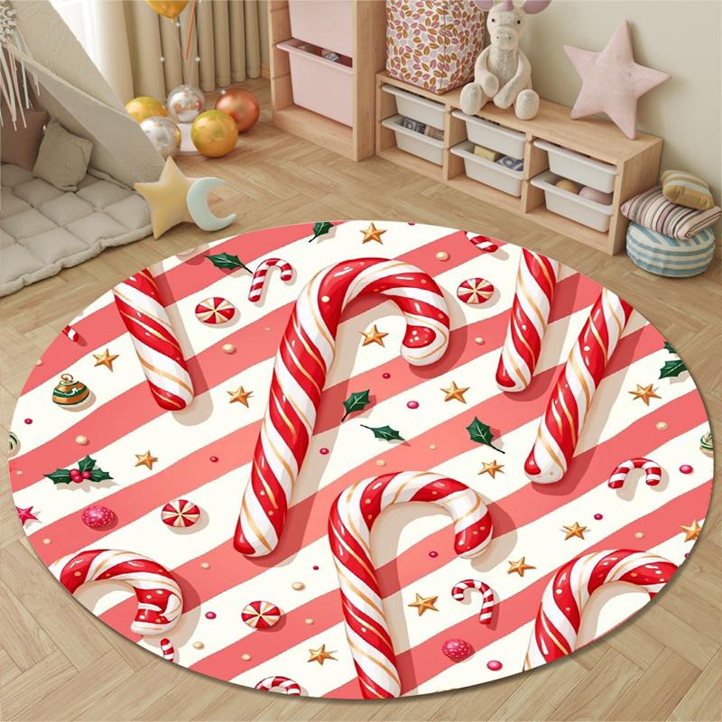 Round Area Carpet Christmas Candy Cane Holly Star Pink Stripe Sweet Party Room Decor