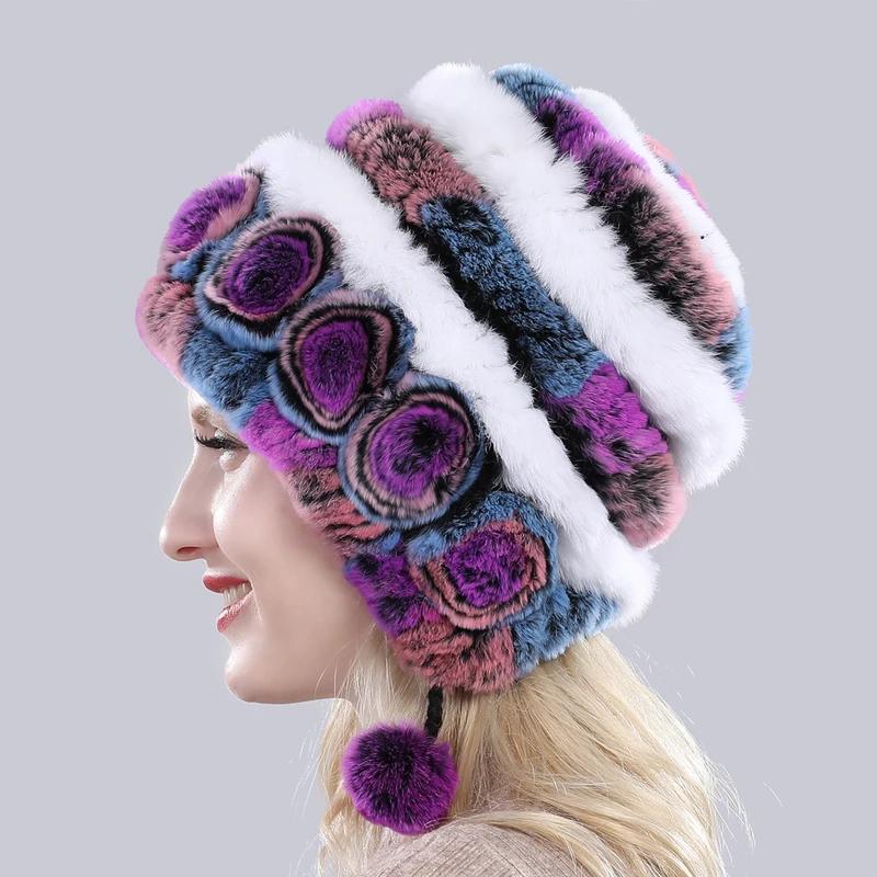 Hot Sale Winter Women Flowers Striped Natural Real Rex Rabbit Fur Hats Lady Warm Knit Genuine Fur Caps