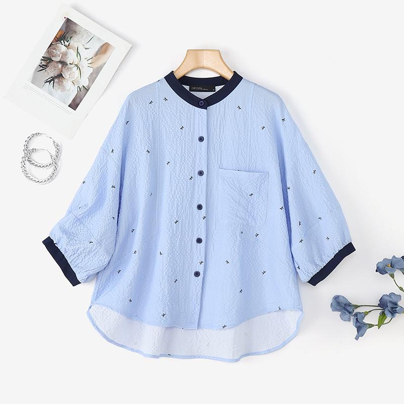 

ZANZEA Женская повседневная летняя блузка с круглым вырезом, рукавом 3/4 и свободным принтом 5XL синий