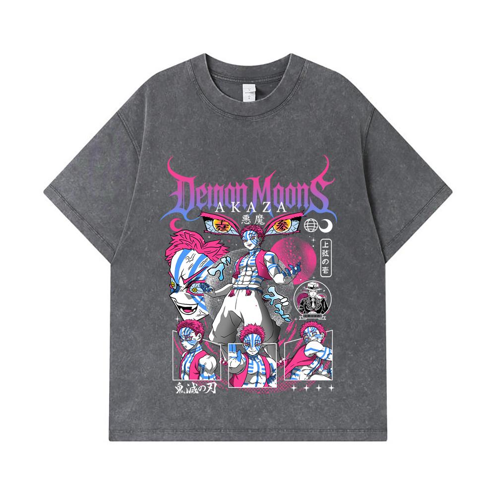 275 GSM Washed T-shirts 100% Cotton Demon Slayer V31 Akaza Print Unisex Heavy Cotton T Shirt