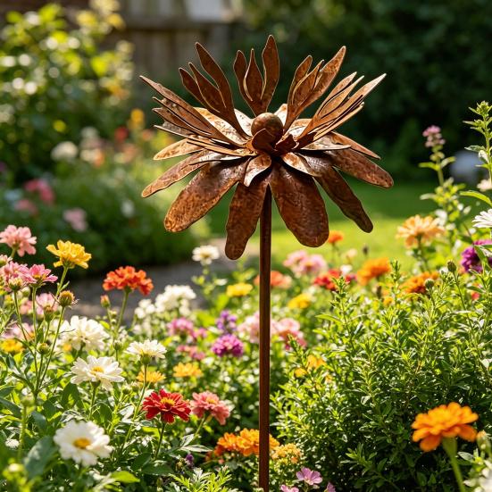 Rusty Outdoor Daisy Flower Metal Yard Stake, Rusted Iron Art Flower Garden Decoration, Weather-Resistant Garden Ornament for Lawn, Pathway, Patio, or