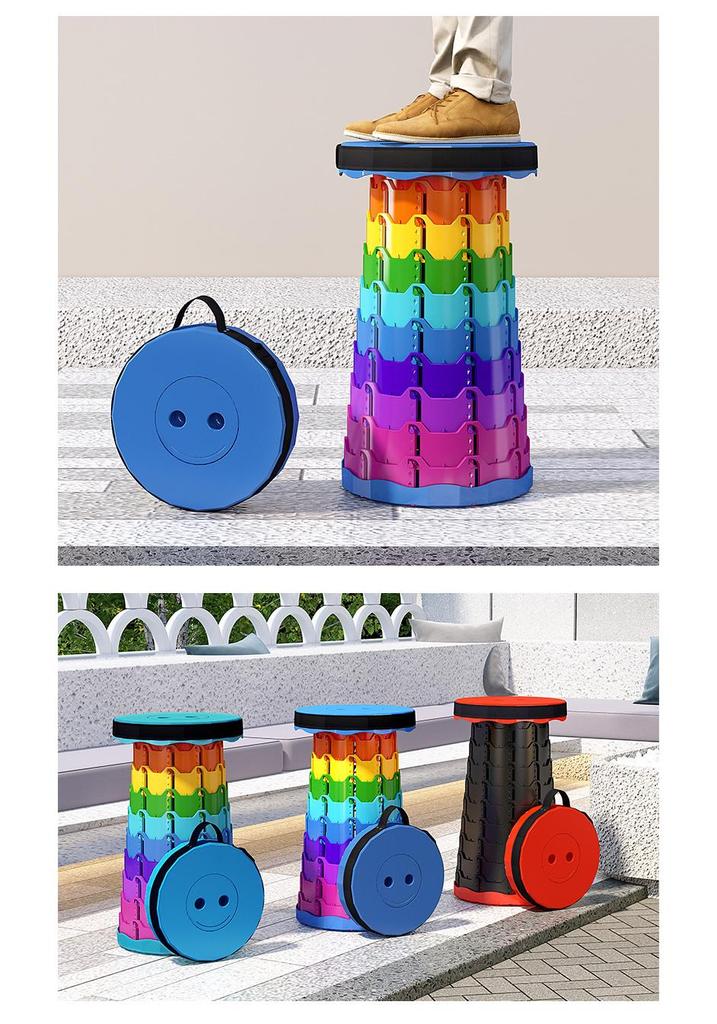 Rainbow Retractable Portable Camping Stool - Round, Plastic Folding Design.