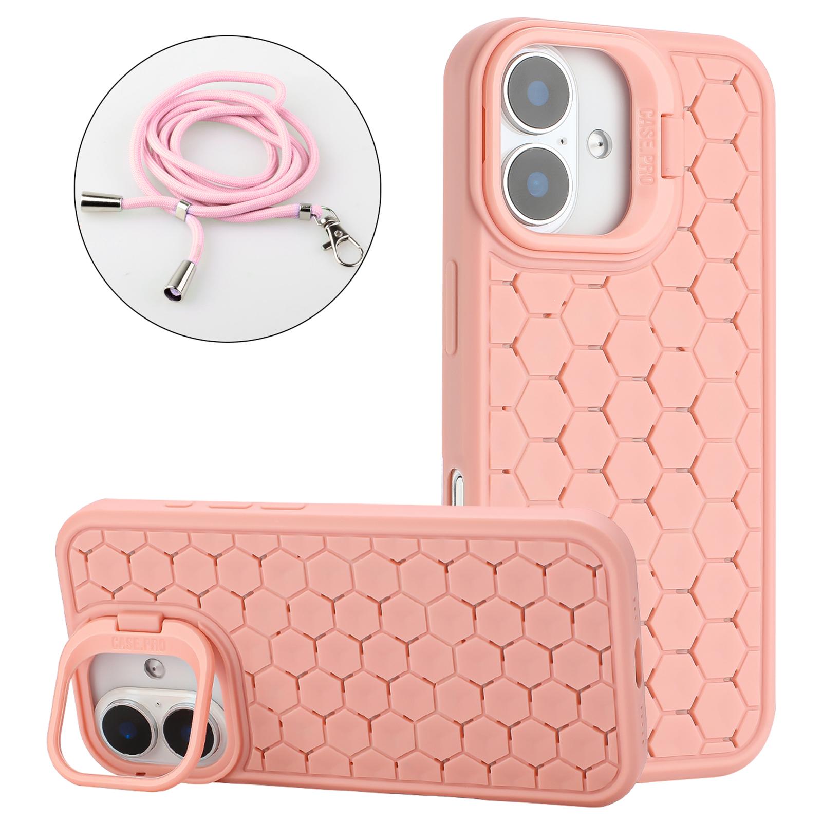 

For iPhone 16 Case Compatible with MagSafe Kickstand Heat Dissipation TPU Phone Cover with Lanyard Pink