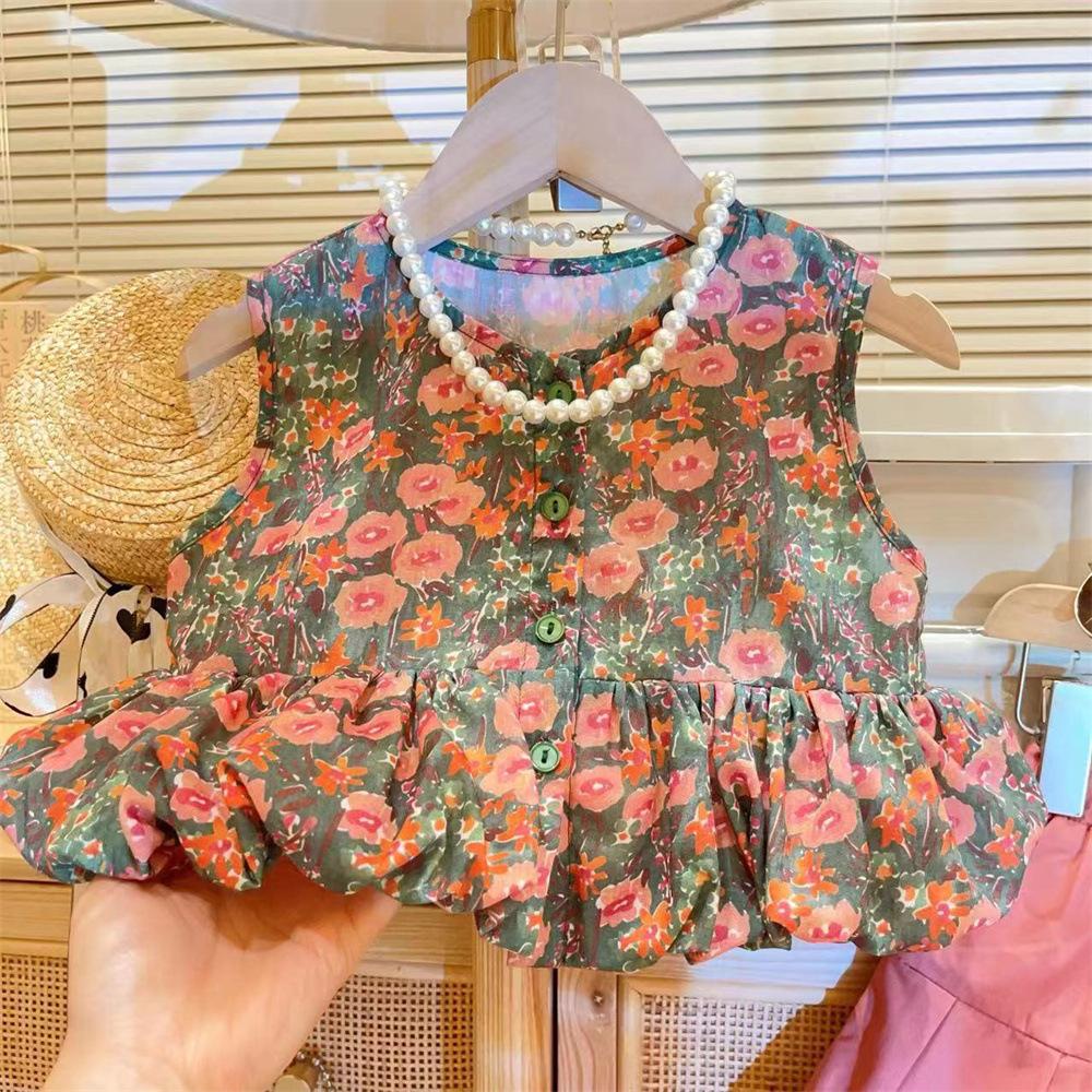 Girls' Summer Children's Clothing Set: Floral Print Sleeveless Tank Top + Skirt-Pants Fresh Two-Piece Set