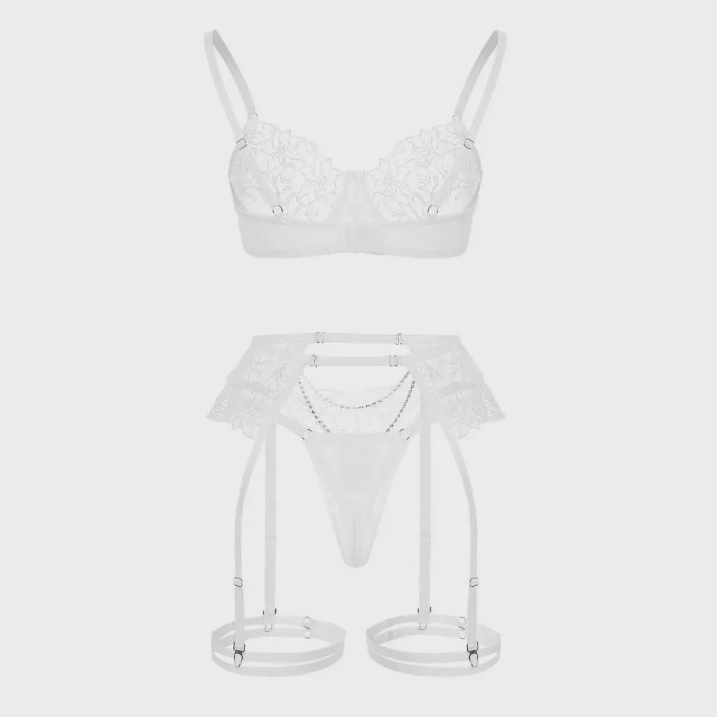 Elegant Embroidered Chain Lingerie Set: Sexy, Sheer, Three-Piece Design for Women