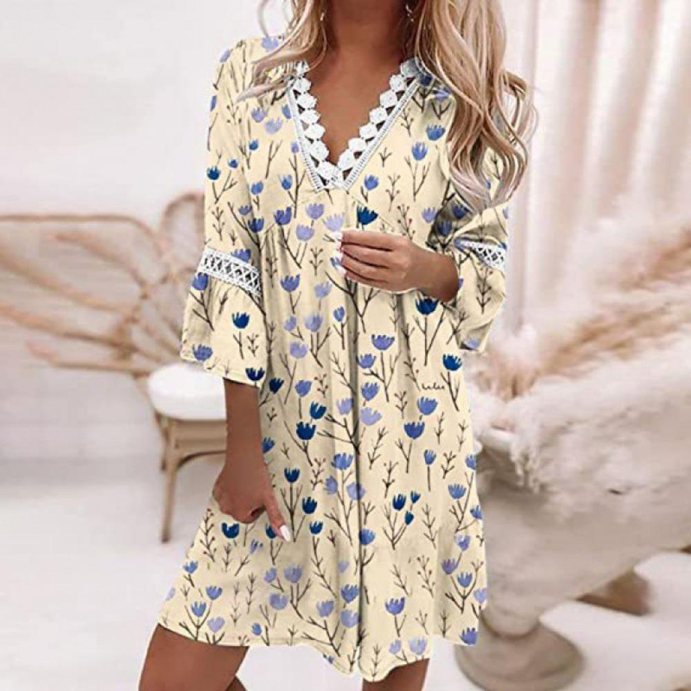 JPNTKY Vestidos casuales con cuello en V y mangas 3/4 con estampado floral de verano y primavera para mujer