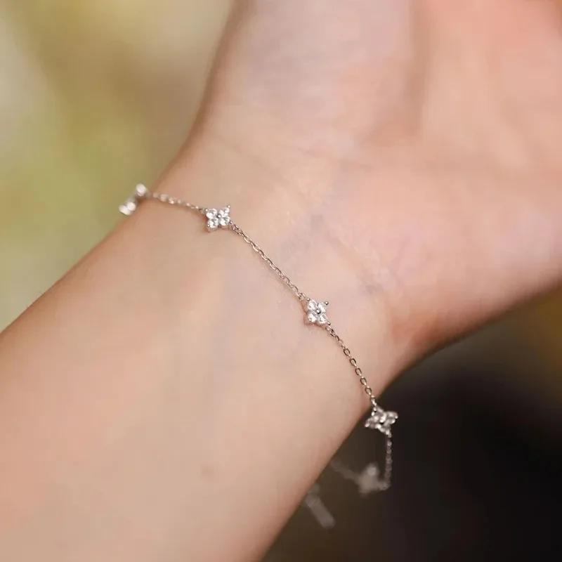 925 Silver Zircon Flower Bracelet For Women Elegant Charm Chain Jewelry Wedding Party Holiday Gift