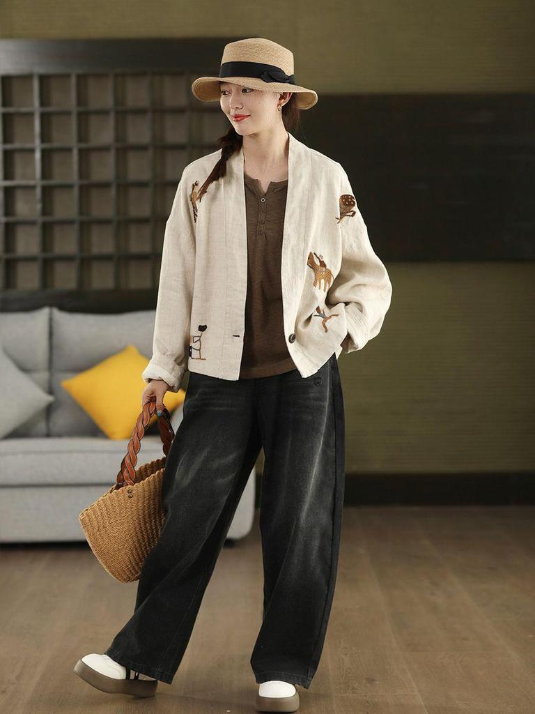 Women's 2025 Retro Embroidered Jacket - Loose, Slimming Casual Top for Spring/Autumn