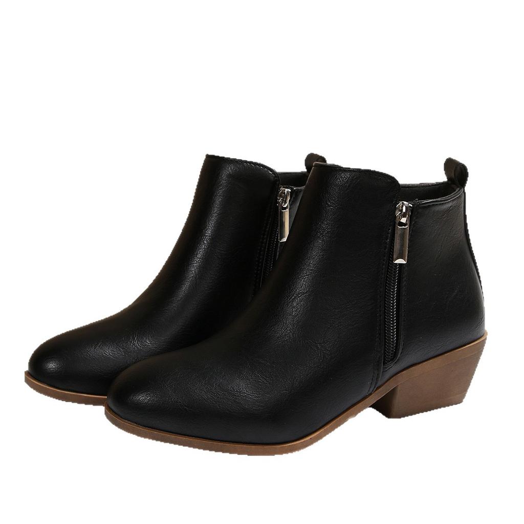 Vintage side zipper mid-heel short boots women's autumn thick heel plus size Chelsea boots