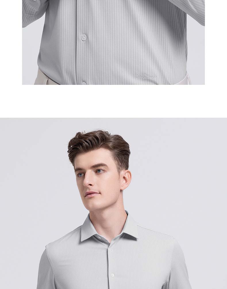 [Mulberry Silk] Langdeng Spring/Summer New Men's Long Sleeve Shirt Business Stretch Anti Wrinkle Striped Shirt Men's Top
