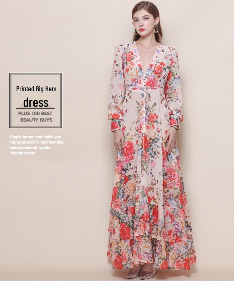 Damen Retro Hofstil V-Ausschnitt Kleid mit Schnürung an der Taille, Laternenärmeln, Blumendruck und weitem Saum - Kollektion 2026