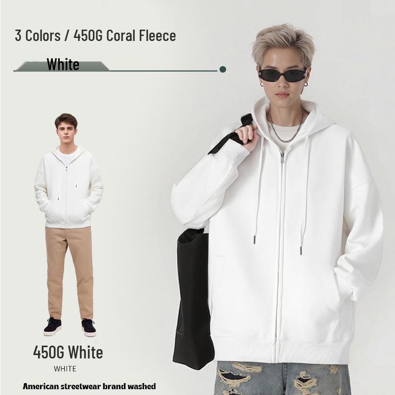 Cross 450G Heavyweight Velvet Hooded Cardigan Sweatshirt - Trendy, High-End Men s and Unisex Solid Color Jacket with Zipper M