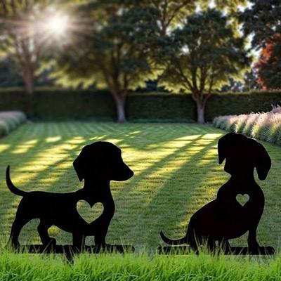 2 letreros de jardín con forma de sombra de perro - Arte de jardín de metal y hierro, decoración conmemorativa para mascotas al aire libre