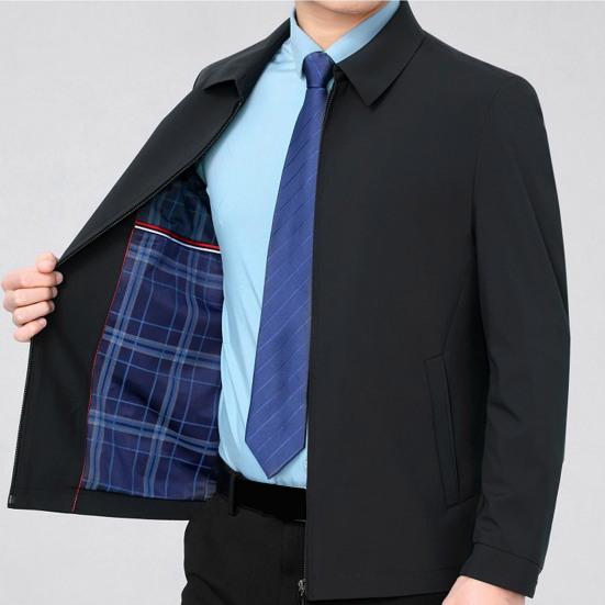 Men Business Jacket Lapel Collar Long Sleeve Solid Color Zipper Cardigan Slim Fit Casual Coat Outerwear