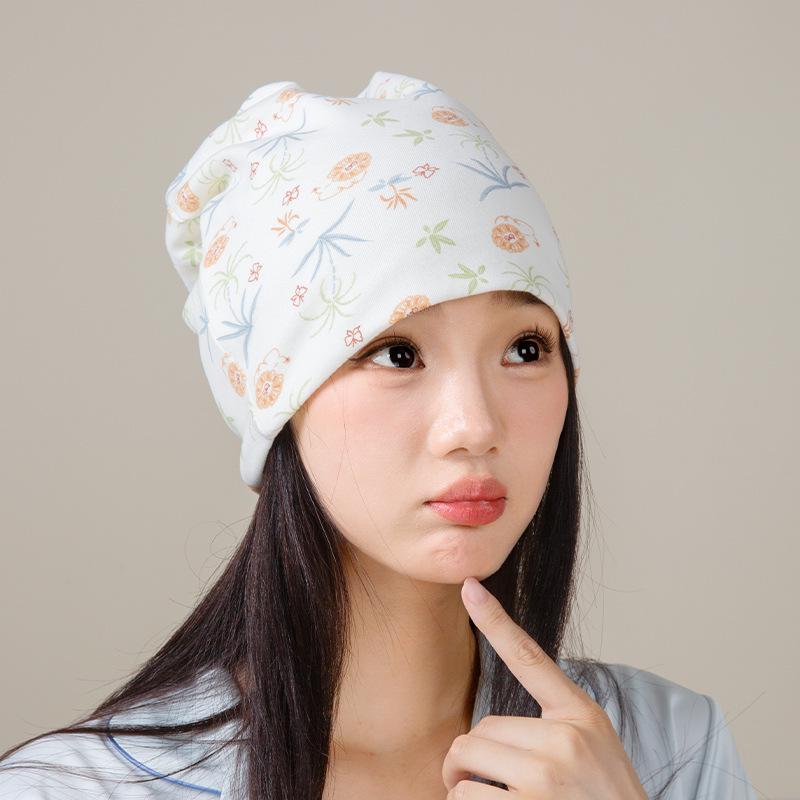 Windproof Double-Layer Postpartum Maternity Hat - Pure Cotton, High Elastic, Hexagonal Design.