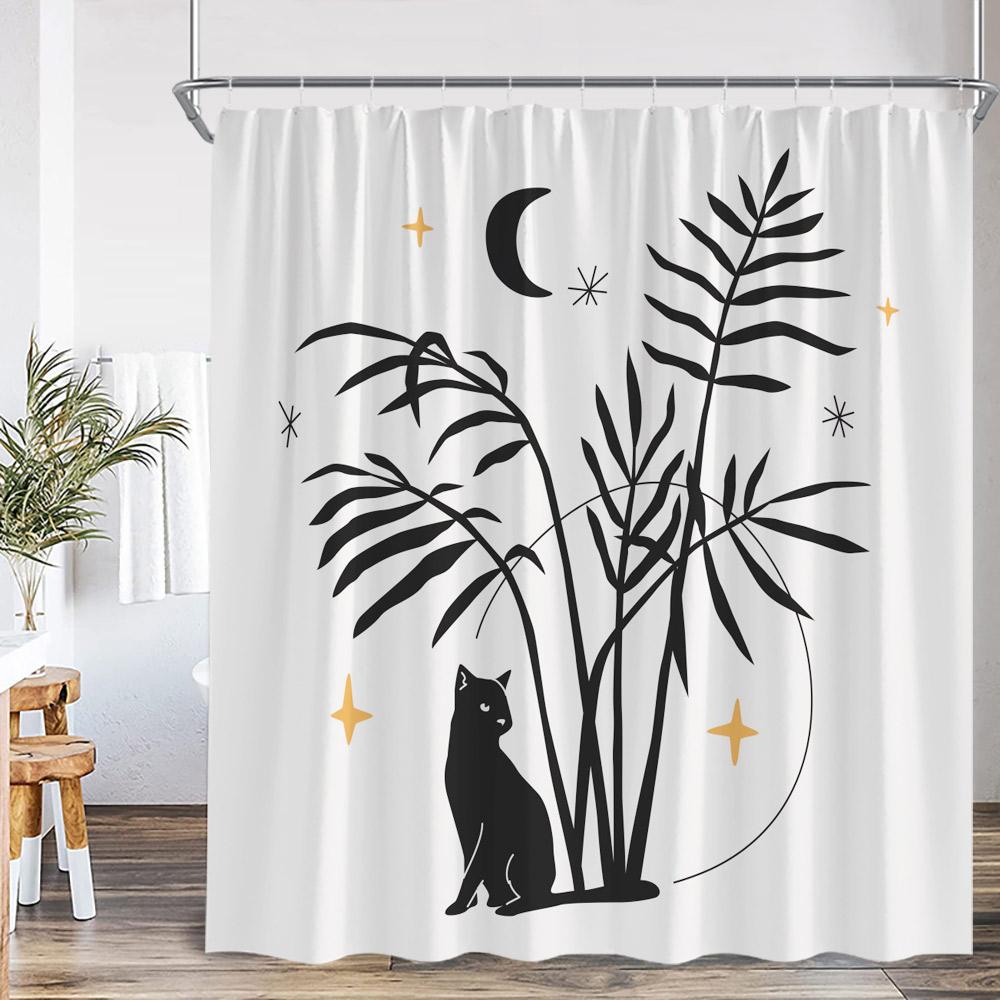 Cat Shower Curtain Cartoon Animal Potted Plant Greenery Black Cat Abstract Nordic Bathroom Decor Minimalist Bathtub Curtain