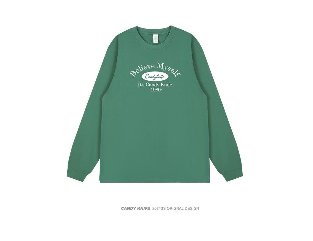 Trendy Unisex Hong Kong Style Logo Print Long Sleeve Cotton T-Shirt with Ribbed Cuffs