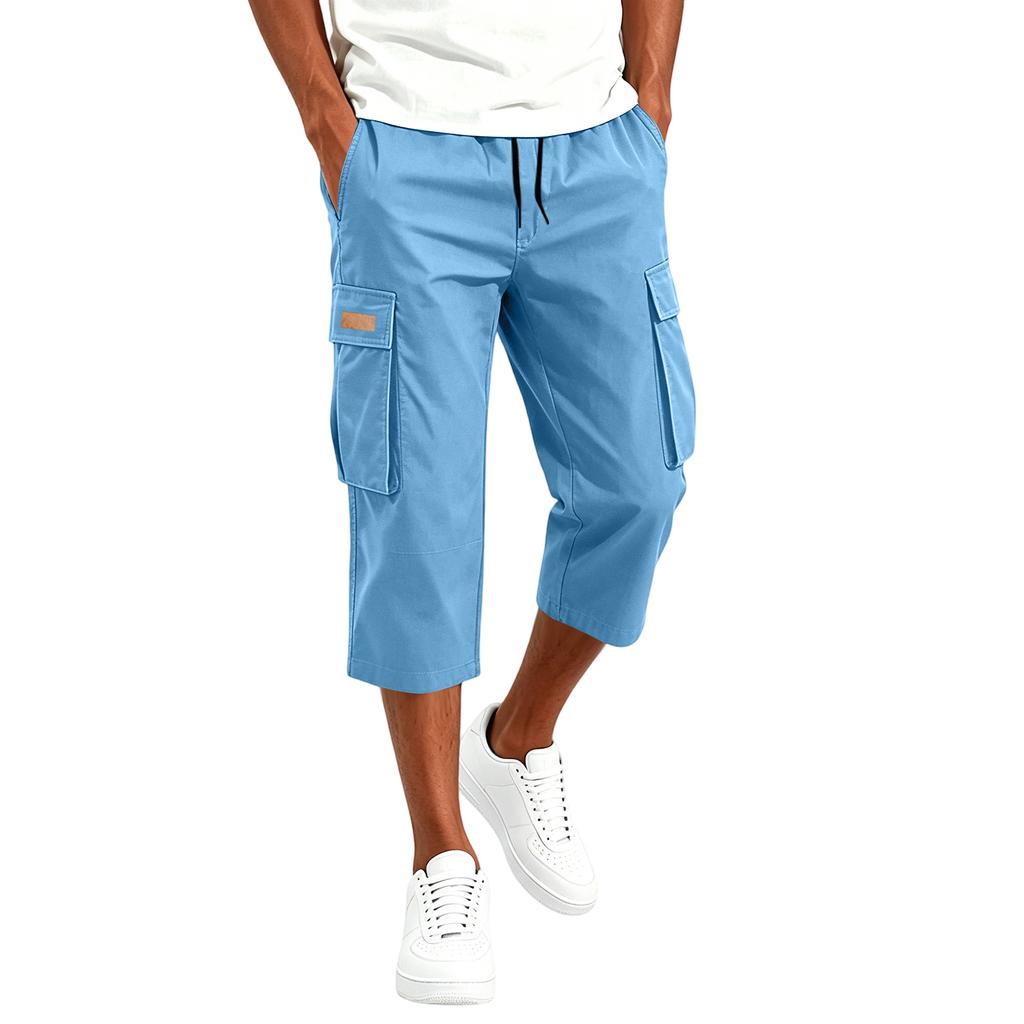 Men's Cargo Drawstring Pants Casual Multi Pocket Capri Work Trousers Lightweight Breathable Outdoor Utility Pants for Daily Wear