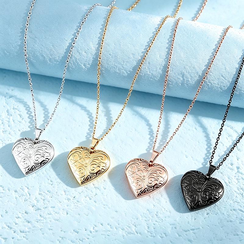 Stainless Steel Plant Pattern Heart-Shaped Photo Frame Necklace with Flat Cross Chain