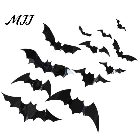Three-dimensional Halloween Decor 12Pcs Bats Wall Decals, 3D Bat Stickers for Home Decor, Folded Paper Decoration 4 Size Waterproof Black Spooky