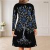 Women Plus Size V Neck Long Sleeve Black Floral Printed Curved Hem Dress