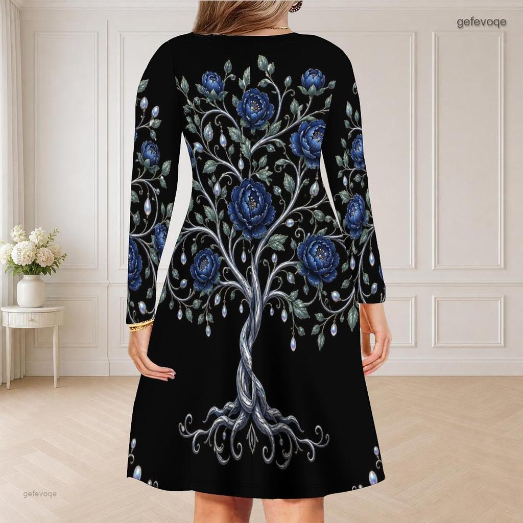 Women Plus Size V Neck Long Sleeve Black Floral Printed Curved Hem Dress