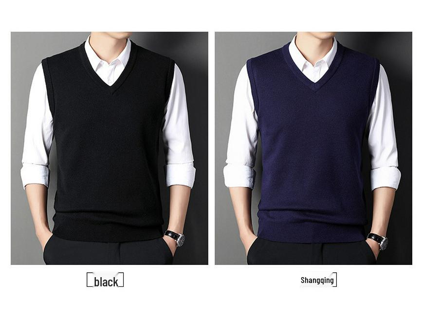 Pánská vlněná směsová bezrukávová vesta se výstřihem do V pro středního věku a starší tatínky