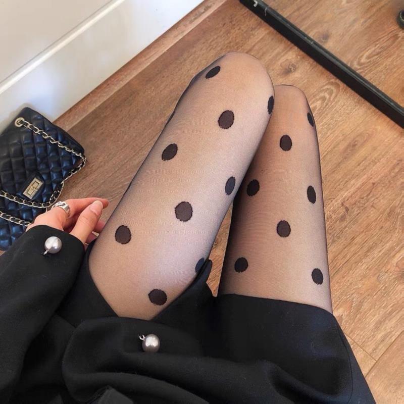 Spring and Summer Thin Polka Dot Jk Black Silk Leg Beauty Socks Trendy Women's Jacquard Cut-through Pantyhose