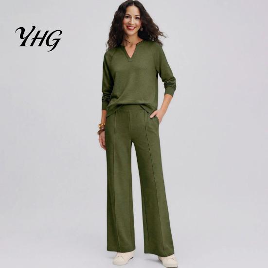 Wide Leg Trousers Women Sweatshirt Pants 2-Piece Set, V-Neck Long Sleeve Top & Fabric Fitness Clothing with Elastic Waist, Solid Color Matching Lounge