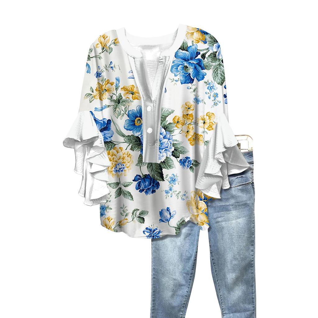 Summer Women's Tops V-Neck Seven Sleeve Shirt Spring Summer Floral Printed Tops Casual Shirt