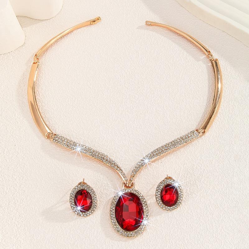 Gold Zinc Alloy Inlaid White Rhinestone Red Crystal Necklace and Earrings Set - Women's Jewelry
