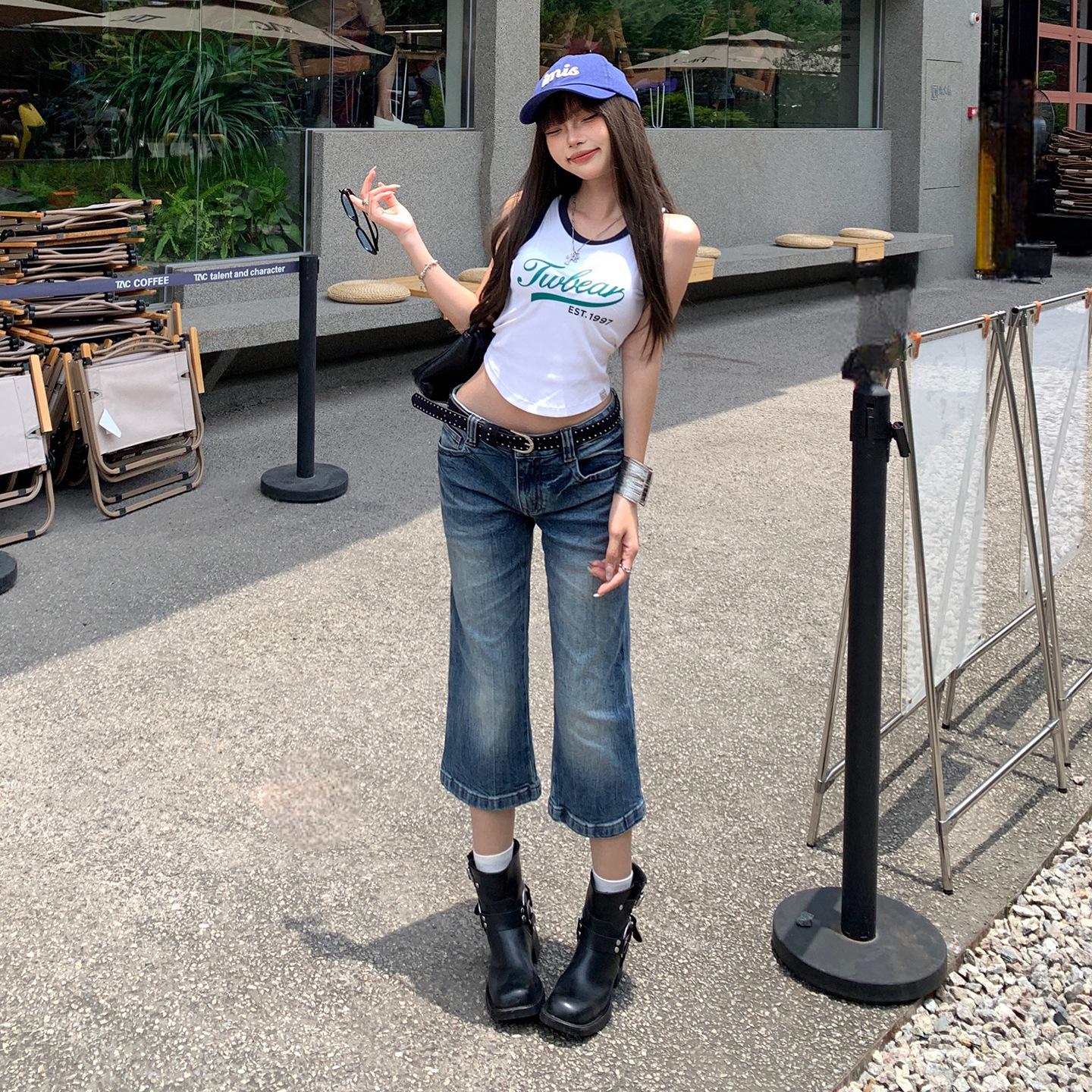 Women s Spicy Girl Low-Waist Stretchy Micro-Flare Slimming Cropped Jeans - Petite 2025 Autumn Style Large капри/синий