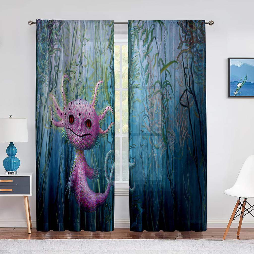 Cartoon Watercolor Axolotl with Hat Sheer Voile Curtain Sealife Reptiles Chiffon Tulle Curtains for Living Room Bedroom Drapes