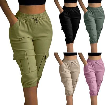 Damen Freizeit Farbe Tasche Slim Fit Farbe Freizeit Elastischer Bund Caprihosen
