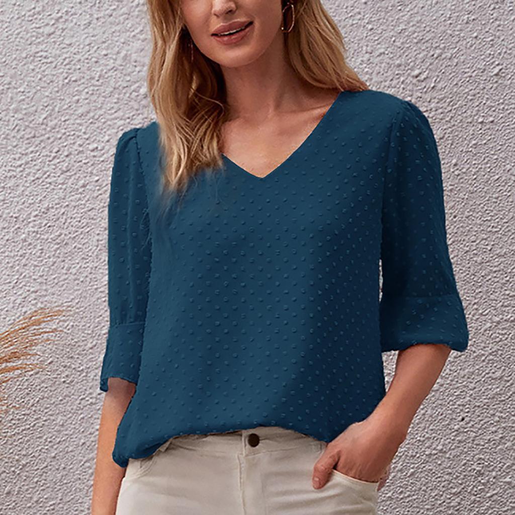 Damenmode, lässig, einfarbig, kurzärmelig, V-Ausschnitt, Chiffon, lockeres T-Shirt