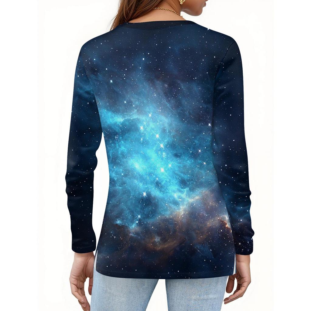 Women's Fashion Casual Slit Hem Round Neck Long Sleeve Loose Printed T,Shirt Ladies Top