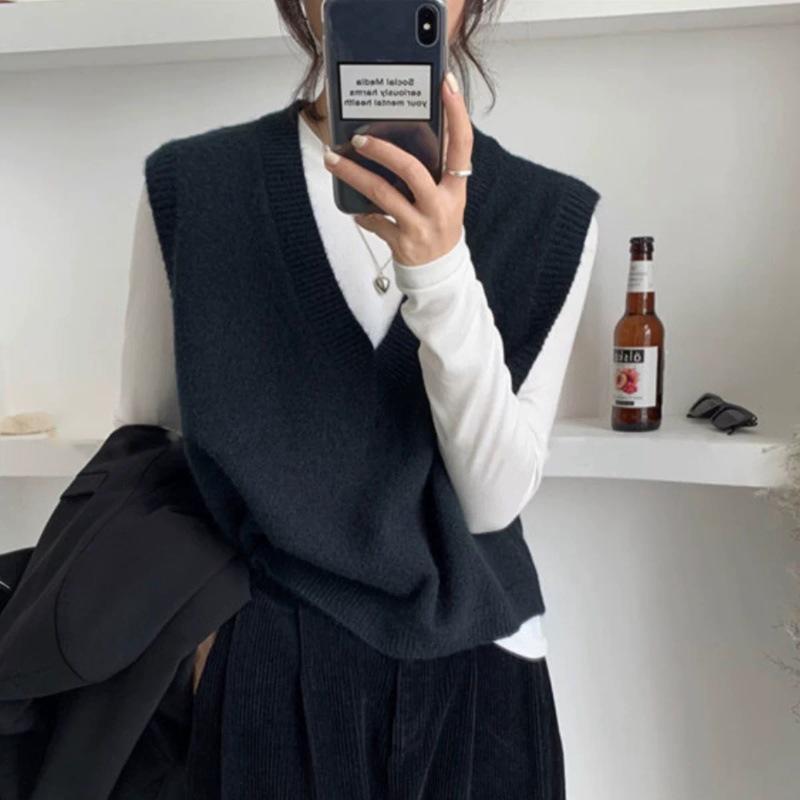Women's Solid Color V-Neck Woolen Vest - New Knit Style for Spring and Autumn