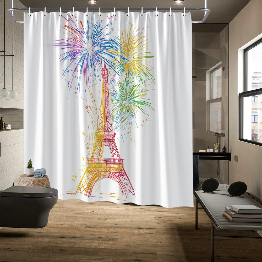 Parisian Celebration Curtain, Eiffel Tower & Fireworks, Multicolor, Fade-Resistant, 12 Hooks, 72"x72", Stylish Bath Accessory